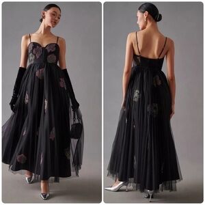 Anthropologie Black Floral Appliqué Tulle Evening Dress, full length